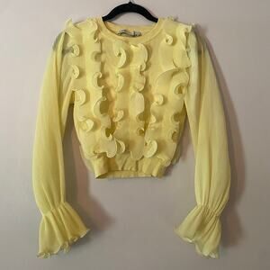 NWOT Zara Butter Yellow Abstract Artsy Ruffle Sweater Pullover Cropped Small